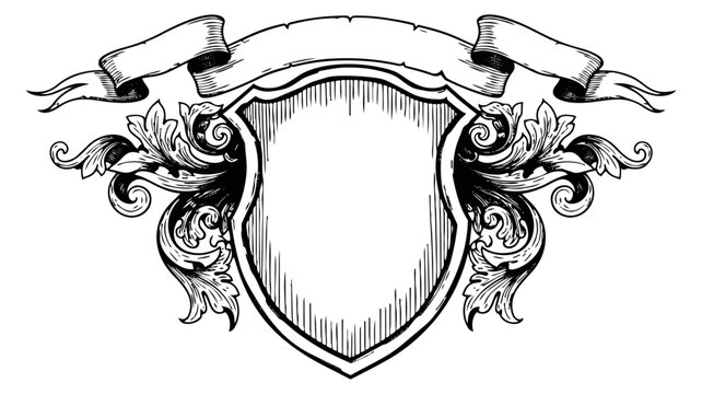 Vintage shield set with ribbon and floral ornament hand drawn outline illustration