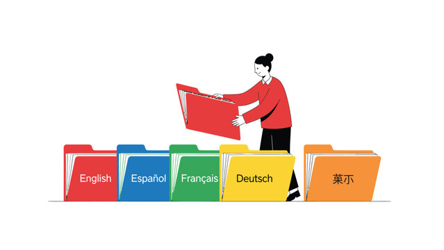 Multilingual Document Management. Person organizing language folders for global communication, translation, and localization services. Flat design.