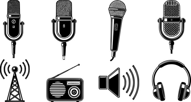Set of black microphone icons and vintage radio broadcast symbols isolated on white background for podcasting, music, and audio recording designs.
