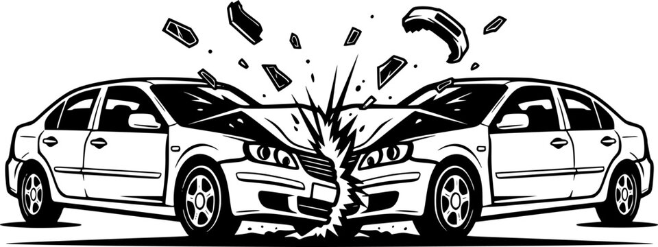 Car accident collision illustration showing two vehicles crashing head on symbolizing traffic accident, insurance claim, road safety, and transportation risk concept