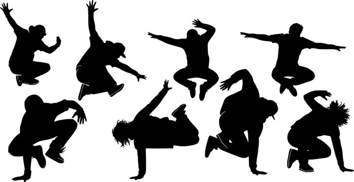 Dynamic street dancer silhouettes in expressive energetic poses including jumping and hip hop movements for music event and performing arts graphic design