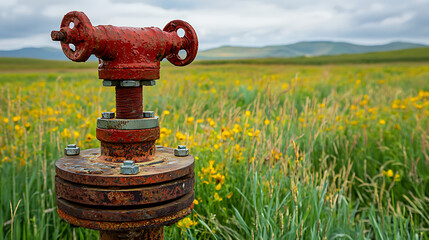 Rusty red industrial valve standing in a field of bright yellow wildflowers.