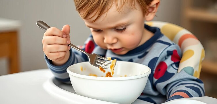 Toddler with messy face focused on self-feeding with a fork from a white bowl in a high chair, exploring food independence and nutrition,  self-feeding,  cute