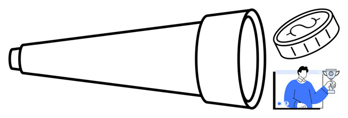 Telescope, coin, and figure holding a trophy signify vision, achievement, and goal-setting. Ideal for themes thumbs up leadership, success, financial planning, exploration focus ambition