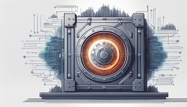 a conceptual infographic of a data vault shielded by multiple digital firewalls clean lines on a white background copy space on left