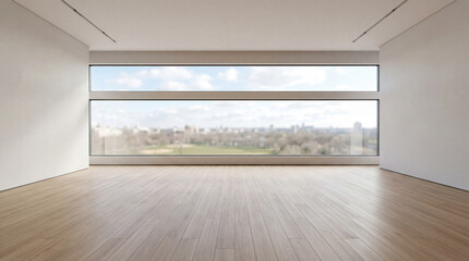 Obraz premium Empty room with large window, natural light, and wooden floor for background.3d render 