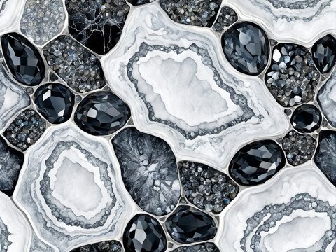 Abstract background of white agate with black gemstones. Elegant marble texture for design.