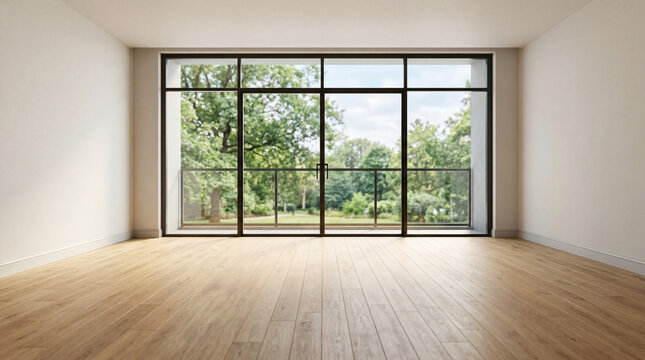 Empty room with large window, natural light, and wooden floor for background.3d render 