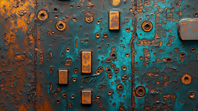 Extreme macro of oxidized copper microchips with turquoise patina and deep orange rust - Generative AI