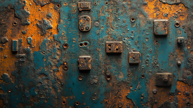 Extreme macro of oxidized copper microchips with turquoise patina and deep orange rust - Generative AI