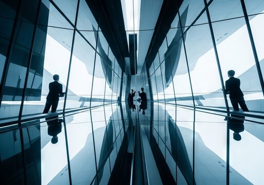 Dynamic abstract scene showing professional silhouettes and architectural geometry reflected multiple times in polished glass facade, metropolitan, management, abstract