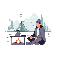 Fototapeta premium Man Camping by Fire with Tent and Mountains - Outdoor Adventure Vector Illustration