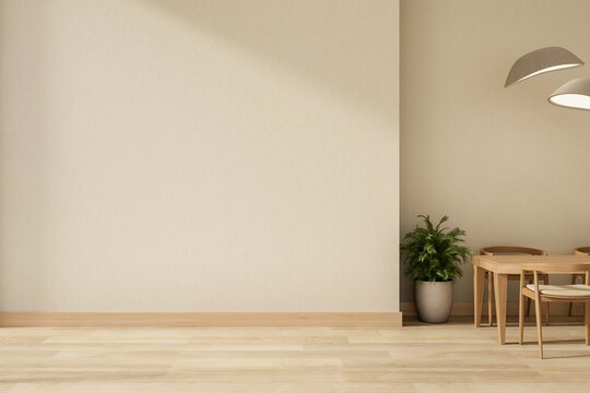 White wall on parquet floor with wooden table and chairs under lamps in dining or living room corner