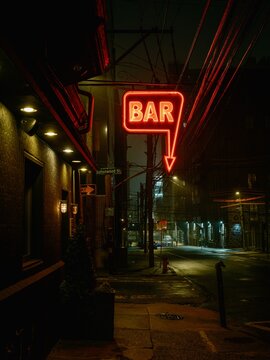 Prohibition Taproom "BAR" neon sign at night, Philadelphia, Pennsylvania