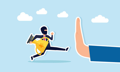Hand stopping a thief carrying a trophy illustration of preventing cheating and fraud attempts in business competition
