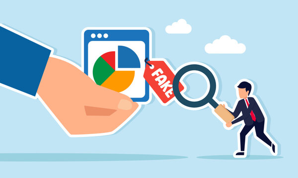 Businessman using magnifying glass inspecting fake label on graph application interface held by a hand illustration of analyzing accuracy of information