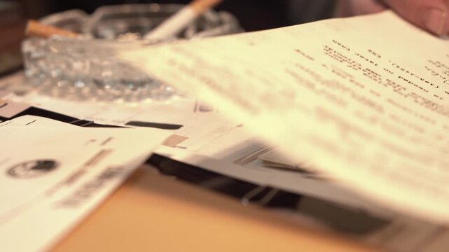 Detectives Looking Over Investigation Files and Documents, Ashtray and Smoking Cigarettes on Desk, Close Up