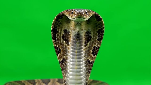 Intense close-up of a majestic cobra with its hood spread wide, looking directly at the viewer, set against a vibrant green screen background, showcasing its powerful and intimidating presence