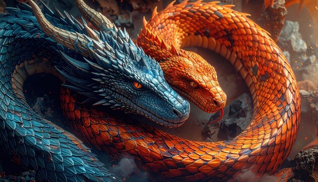 Entwined Dragons - A Symphony of Blue and Orange Scales.