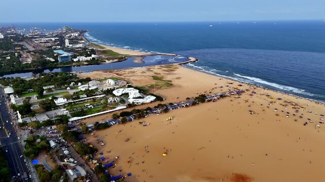 Aerial view of MGR Memorial and Marina Beach &mdash; sweeping golden sands meet the Bay of Bengal as Chennai&rsquo;s iconic memorial complex anchors the coastline