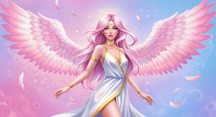 Naklejka premium Guardian Angel with wings: An ethereal image of a graceful figure, haloed with light and adorned with magnificent wings, embodying protection and spiritual grace.