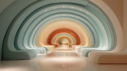 Obraz premium Futuristic interior with rainbow colored arches and seating modern architecture design concept