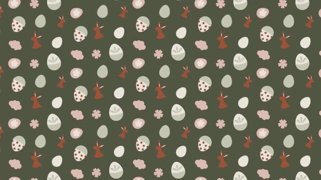 Rustic Easter pattern with various speckled eggs on a dark olive green background.