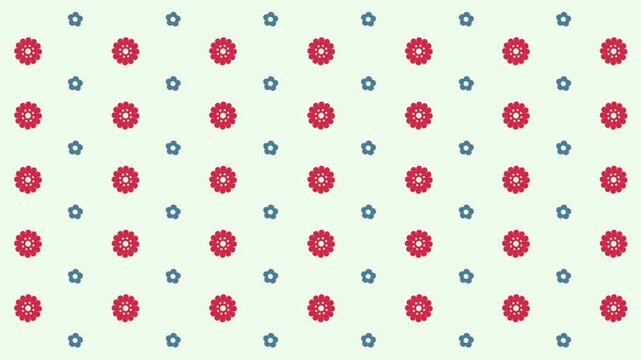 Minimalist Easter pattern with red floral icons and small blue dots on a pale green background.