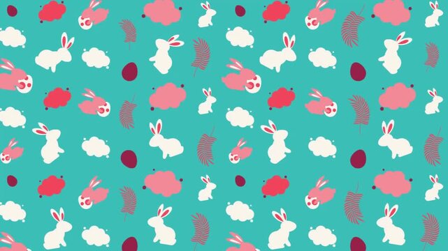 Playful easter pattern of pink bunnies and white clouds on a vibrant turquoise background.