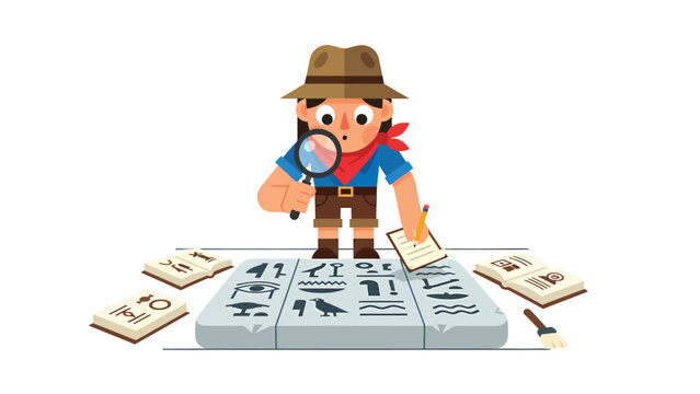 Cartoon Archaeologist Character Studying Ancient Hieroglyphs with Magnifying Glass & Notepad. Historical Discovery Concept.