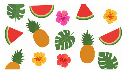 Tropical Summer Seamless Pattern Watermelon Pineapple Hibiscus and Monstera Leaves Vector
