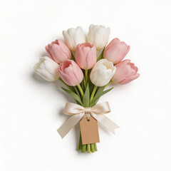 Fototapeta premium Bouquet of pink and white tulips with blank tag. Spring flower gift flat lay