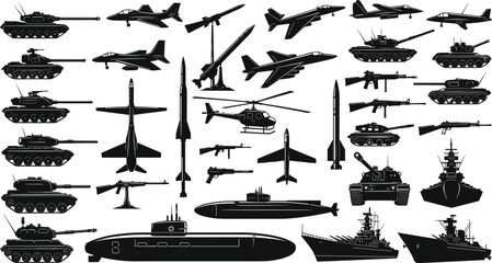Military vehicle silhouettes set including tanks fighter jets helicopters warships submarines missiles and firearms for army defense and war concept © Sahariya