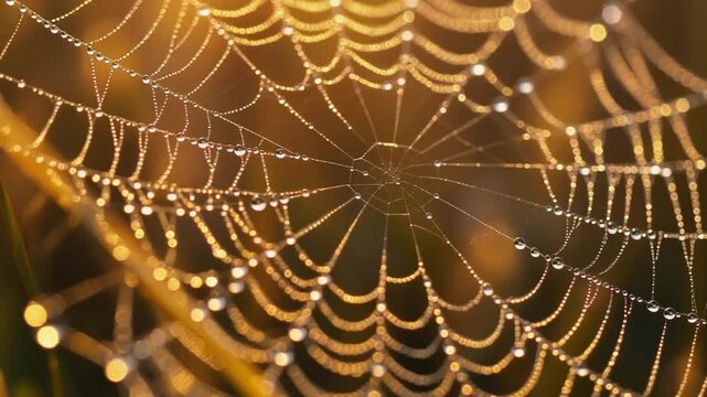 Intricate spiderweb adorned with sparkling dewdrops, catching the warm, golden light of dawn, a delicate masterpiece of nature's early morning beauty and design