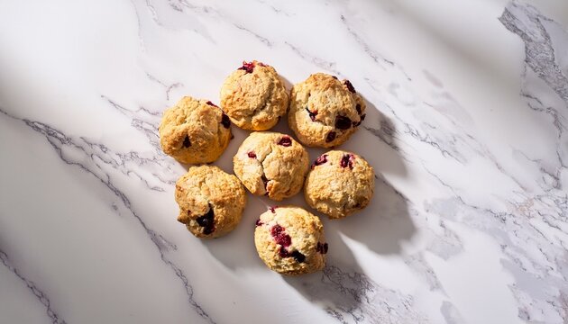 a cranberry scones arranged in imperfect cluster on white marble surface overhead flat lay soft shadow edges
