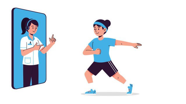 Virtual fitness coaching. Woman exercises guided by online personal trainer on smartphone. Telehealth, digital wellness, and remote workout.