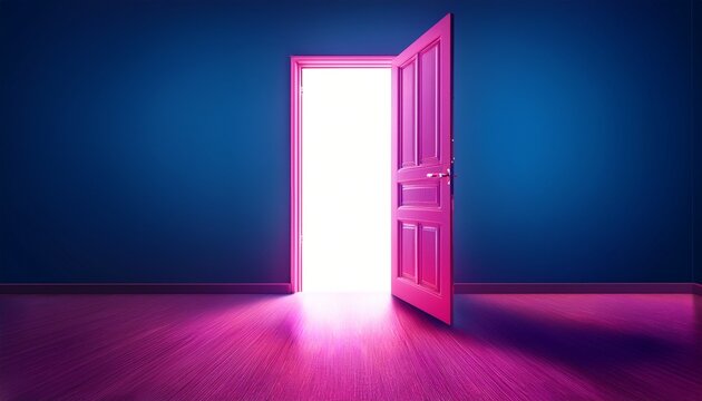 ajar door glowing pink in a blue room