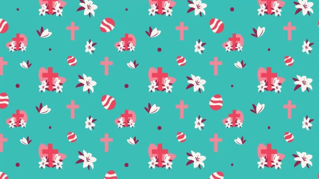 Festive religious Easter pattern with white crosses and red eggs on a bright teal background.