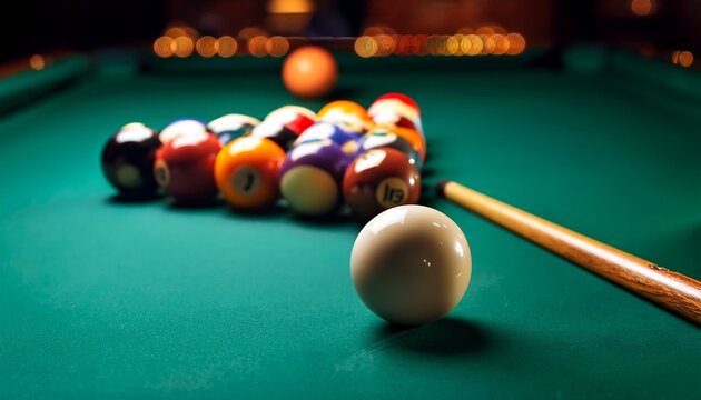 billiards pool table with cue ball and pool balls in background