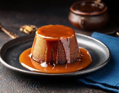 british sticky toffee pudding plated with caramel drizzle elegant dark background