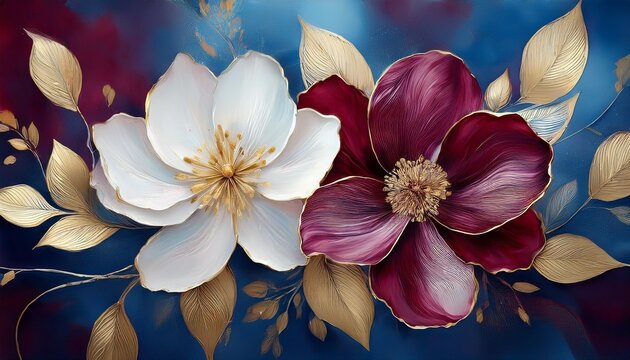elegant decorative soft pastel burgundy and white flower with gold accents and cobalt blue leaves on background in 3d oil painting style for modern wall art and interior design