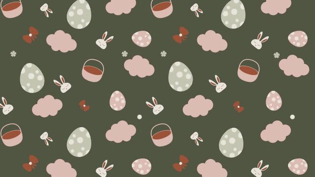 Dark forest green Easter pattern with speckled eggs and clouds for a moody holiday aesthetic.