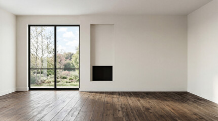 Fototapeta premium Modern minimal living room featuring wood floor with a large window elegant contemporary white room ,Color of the Year 2026 – Cloud Dancer ,copy space ,empty room.3Drender