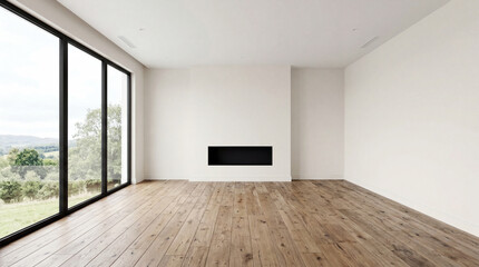 Fototapeta premium Modern minimal living room featuring wood floor with a large window elegant contemporary white room ,Color of the Year 2026 – Cloud Dancer ,copy space ,empty room.3Drender