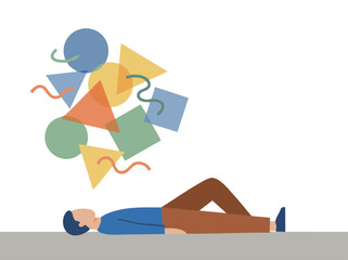 Fototapeta premium Simple flat vector illustration of a person lying down with multiple abstract geometri