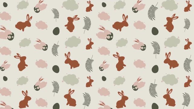 Whimsical Easter pattern with bunnies and fluffy clouds on a neutral stone background.