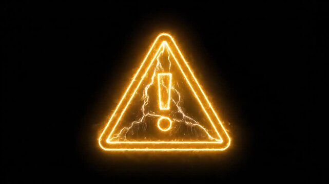 Glowing orange warning sign with exclamation mark on black background.