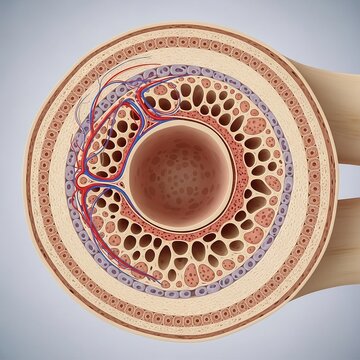 Illustration of a cross-section of a bone, displaying various layers and structures. The outer layer shows compact bone with concentric rings, resembling tree rings.