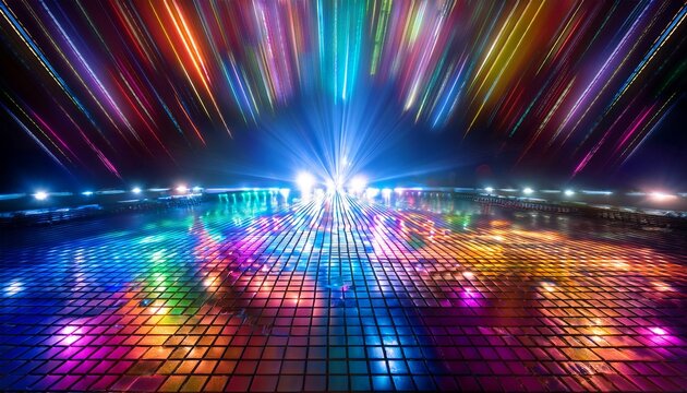 a radiant disco dance floor illuminated by a kaleidoscope of colorful lights