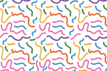 Seamless Memphis Style Pattern with Colorful Hand Drawn Squiggles and Wavy Lines on White Background